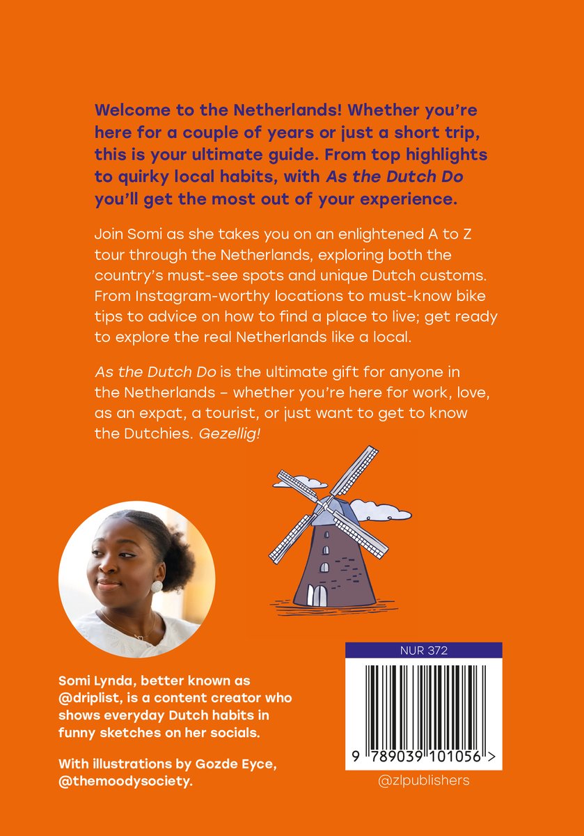 Achterkant van het boek 'As the Dutch Do', een gids over Nederland met een portret van Sbarui Lynda en een illustratie van een windmolen.