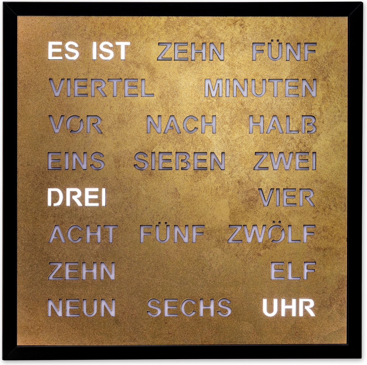 Intertime | Woordklok | Wandklok | 40x40 | Goud | Duits - Mooie klok met tekst in de Duitse taal / met snoer / 220V