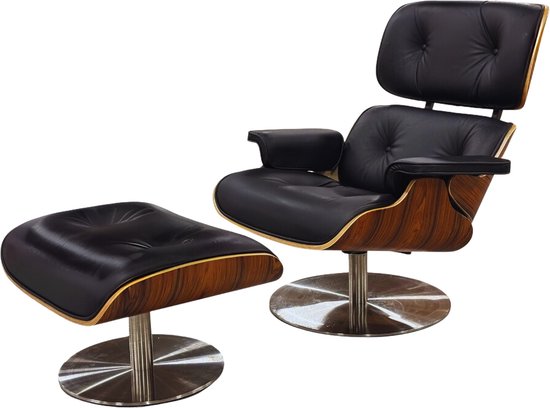 Lounge Chair + Hocker - Coffee Chair - Draaifauteuil - Ronde voet - Zwart - Palissander - Leer - RVS