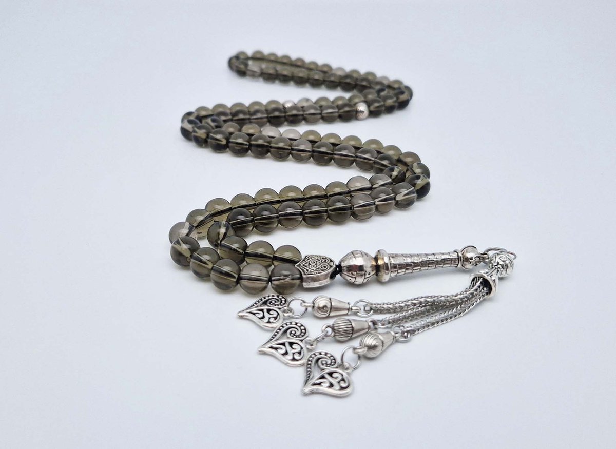 Handgemaakte tesbih "Tasbih" natuursteen " Rookkwarts" - Aantal kralen 99 - Diameter kralen 8MM - met metaal tassel "Harten" - Een mooi cadeau-idee
