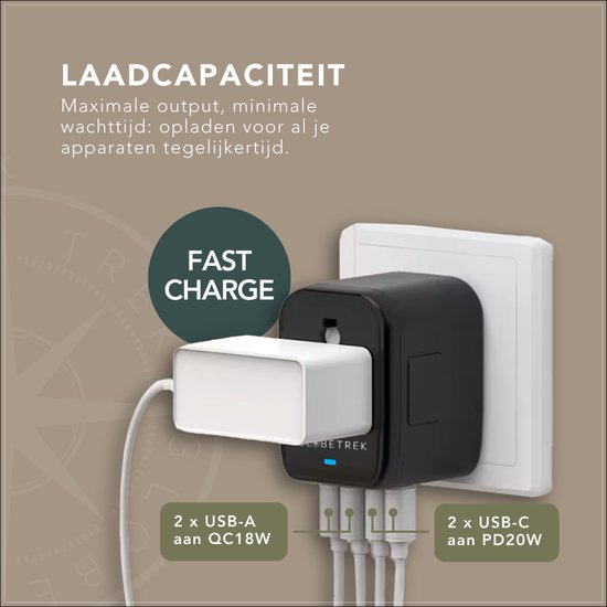 GlobeTrek® Wereldstekker - Reisstekker - Fast Charging - 2 USB-C & 2 USB-A - Universele Wereldstekker voor 170+ Landen: Amerika (USA), Engeland (UK), Australië, Zuid Amerika, Azië, Afrika, Europa - Wereldstekkers - Zwart