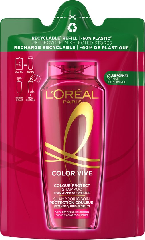 Een roze L'Oréal Color Vive shampoo navulverpakking met een fles shampoo erin.