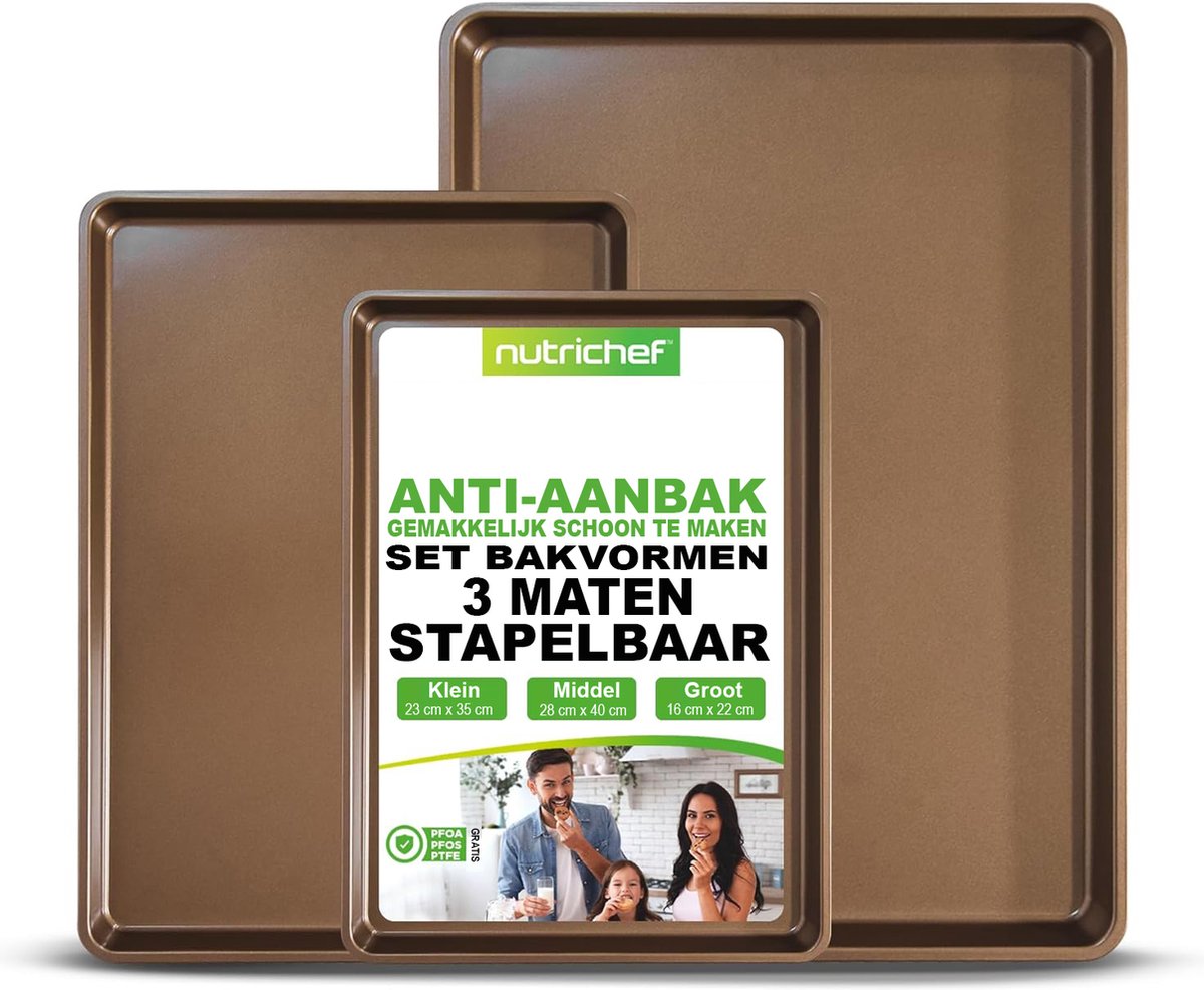 NutriChef, bakplaat ,Oven, 3-delige Anti-aanbak Bakplaten set - Dikke Bakplaten van Koolstofstaal - Inclusief XL, Middelgrote en Kleine Maten - - Goud