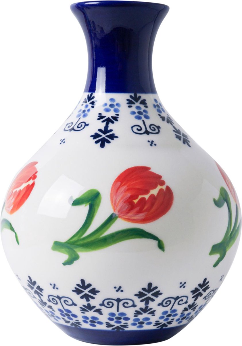 Heinen Delfts Blauw Buikvaas Oranje Tulp - Keramiek - 15 cm Multicolor