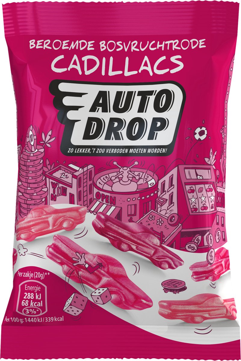 Autodrop - Snoep - Beroemde Bosvruchtrode Cadillacs - 16 zakjes - 20 gram
