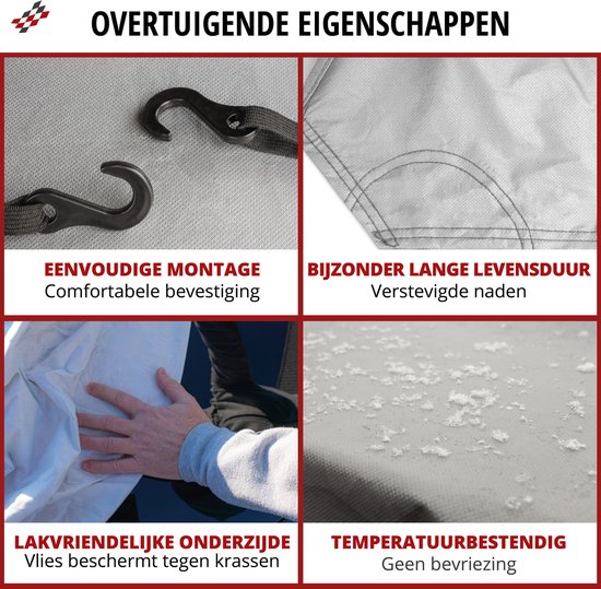 Detailopnamen van een Walser autohoes: bevestigingshaken, stiksels, vliesvoering en ijskristallen.
