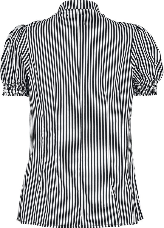 Zwart-wit gestreepte blouse met korte pofmouwen, van de achterkant.