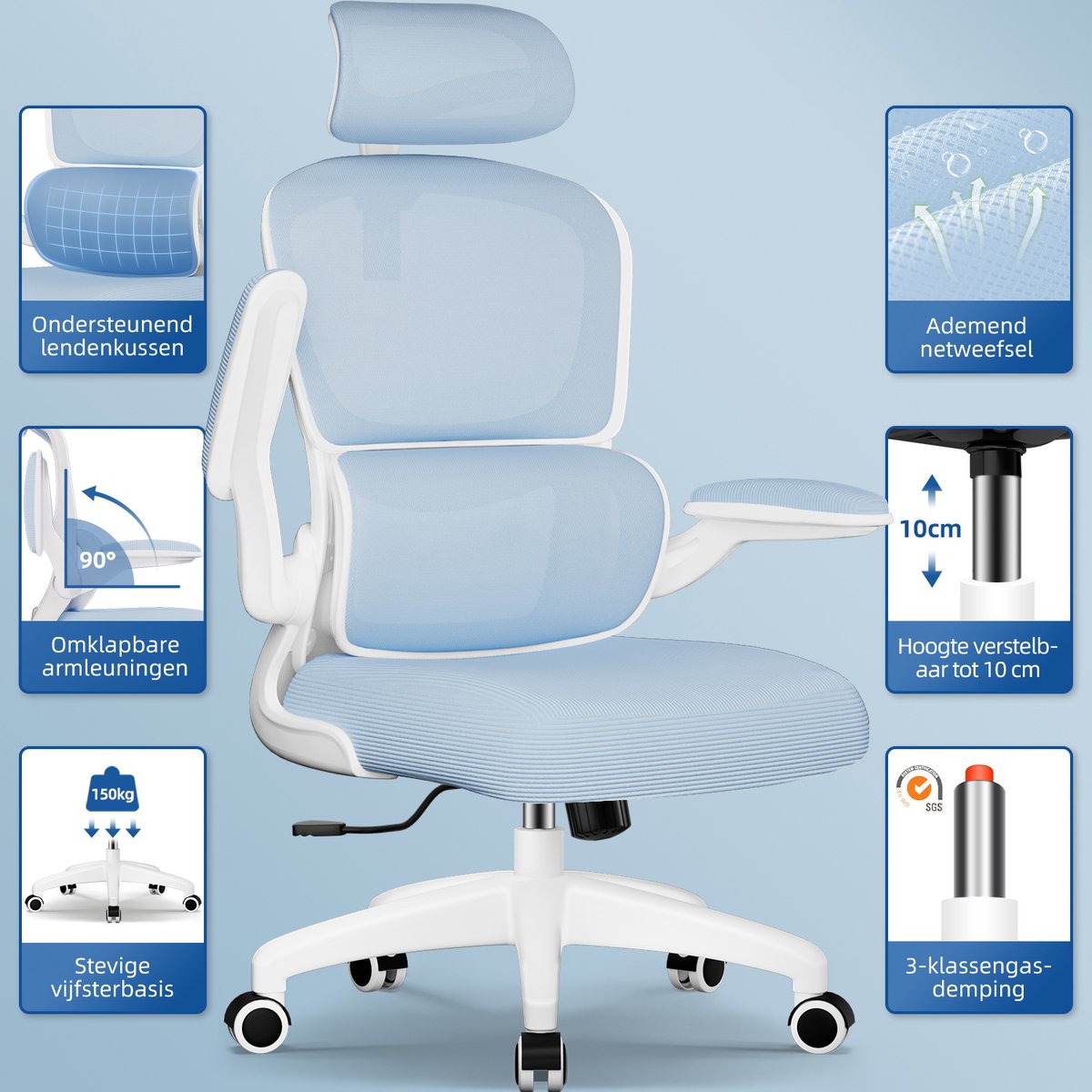 Elekiatech Ergonomische Bureaustoel - Opklapbare armen, 150 kg thumbnail 4
