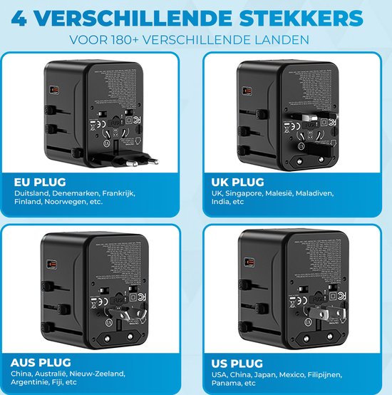 Zwarte wereldstekker met uitklapbare EU, UK, AUS en US stekkers, voor meer dan 180 landen.