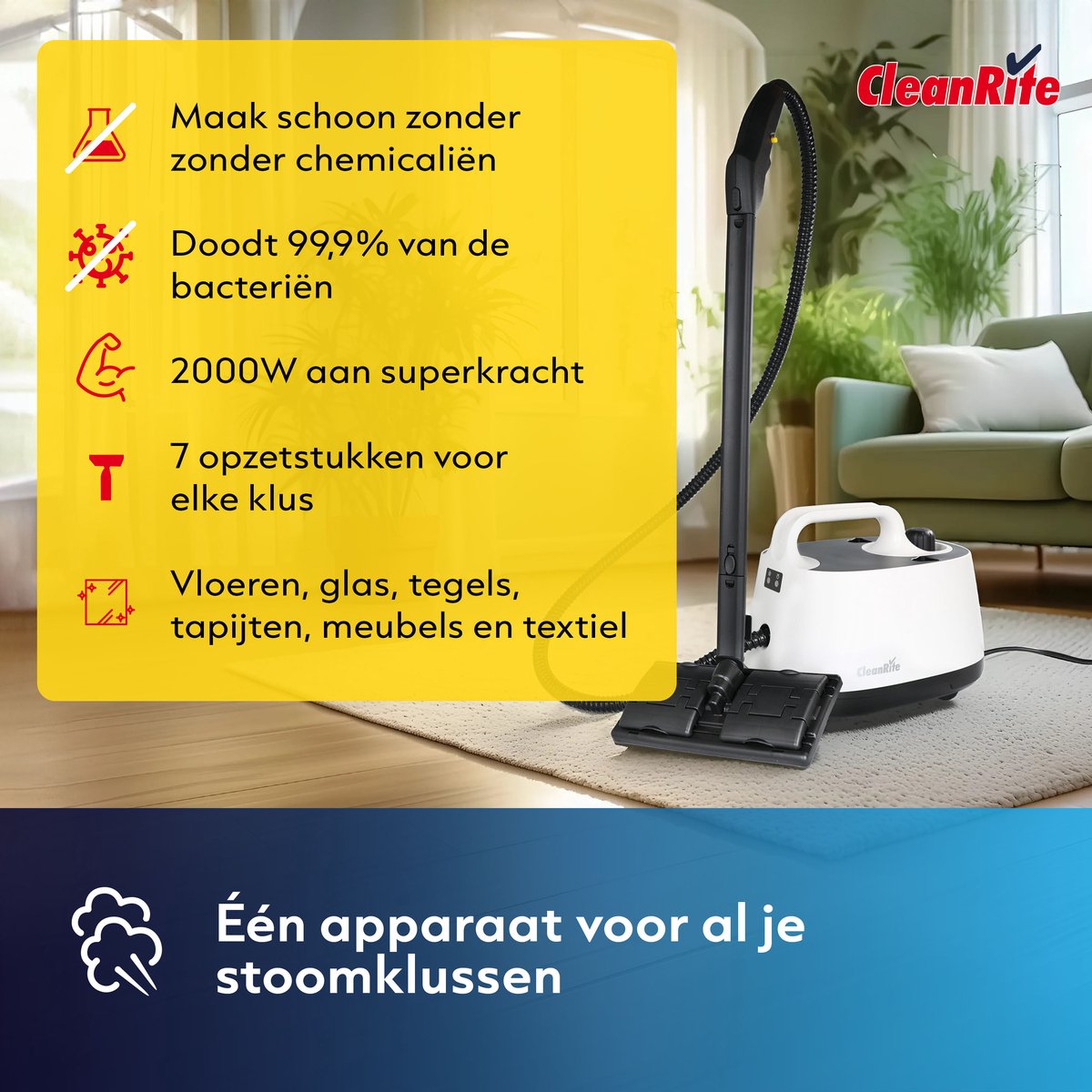 CleanRite Stoomreiniger Vloer 13-Delig - Bacteriënkiller thumbnail 2