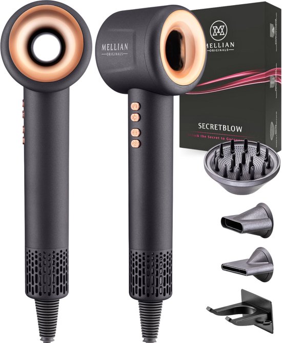 Mellian SecretBlow Föhn - Fohn met Diffuser - Krachtige Ionische Haardroger Krullen 110.000RPM - Black Edition