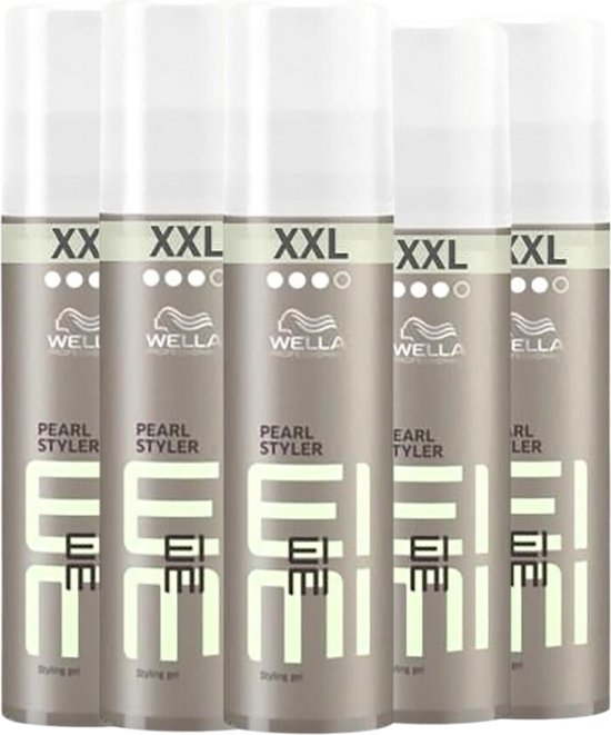 Groep van vijf flacons Wella EIMI Pearl Styler stylinggel, voor parelmoerglans en flexibele hold.
