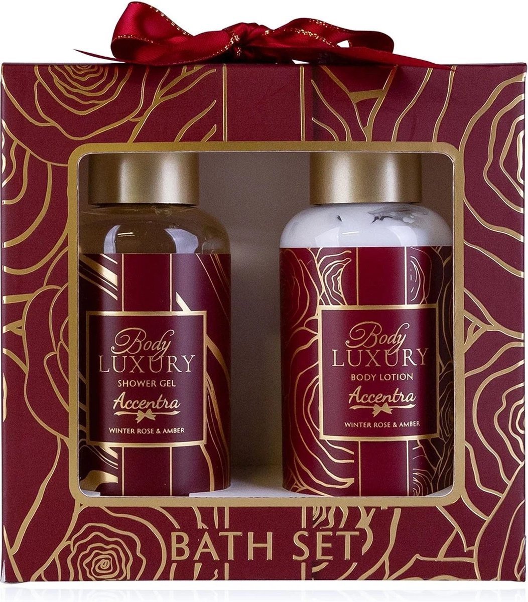 Goedkoopste Kerst Geschenkset - Bath Luxury - Winter Rose & Amber Bath Set | 2-delige Giftset met Douchegel en Bodylotion - Kerst Cadeauset Verzorgingsproducten