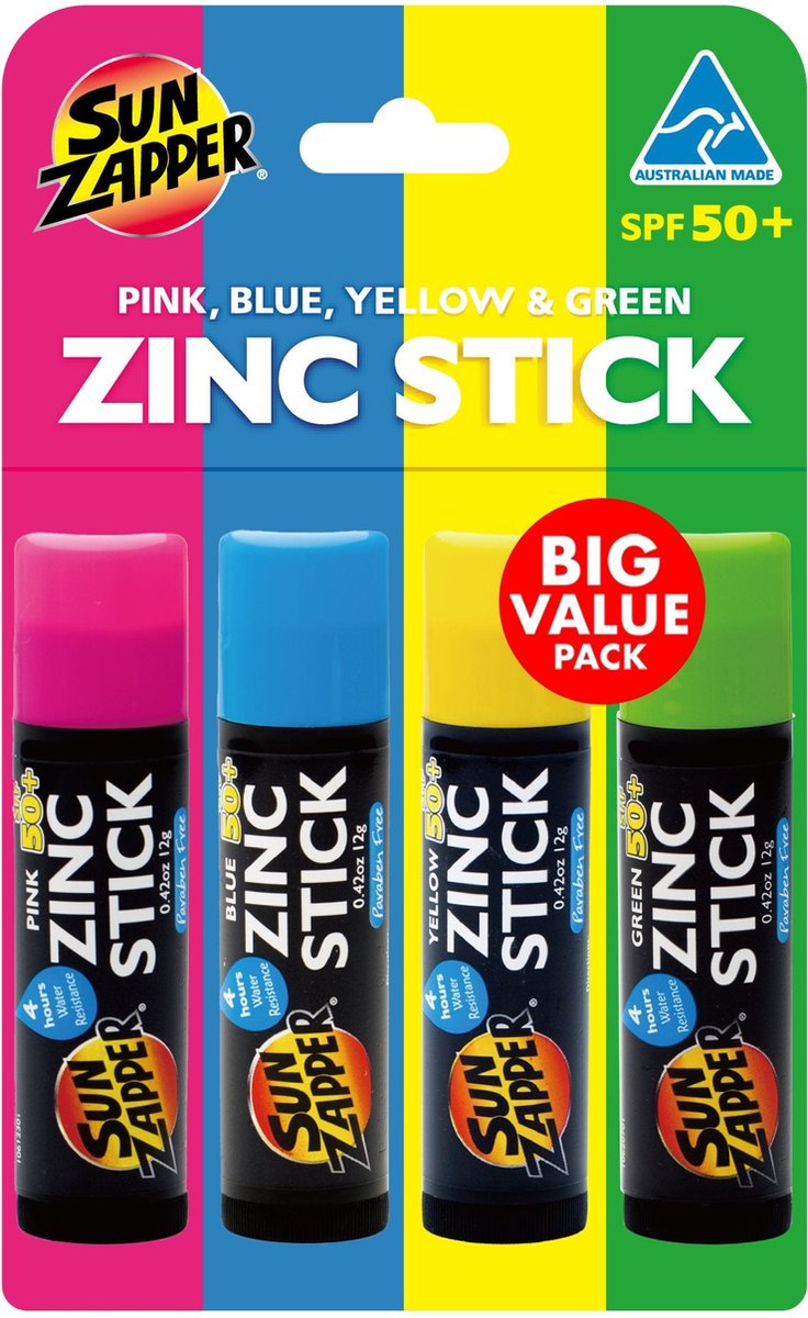 Sun Zapper Rainbow Pack: Pink, Blue, Yellow & Green Zinc Stick SPF 50+