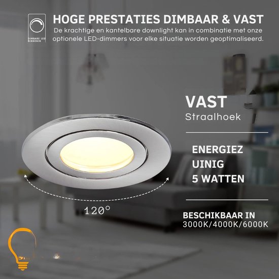 Set van 6 Inbouw Ledspot Praag ZWART, 5 Watt, Dimbaar Warm Wit, IP44