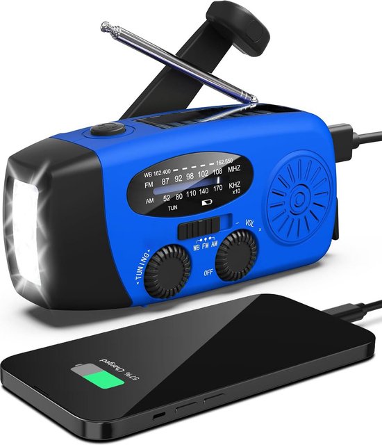 Nood Radio Op Batterijen (Accu) Voor Rampen - Knijpkat - Noodfluit - Radio Opwindbaar - Noodradio - Solar Opwindbaar - Multifunctionele Noodradio - Survival Radio - Zaklamp / Powerbank - Noodpakket - Noodpakket voor Thuis - Draagbare Radio - Blauw