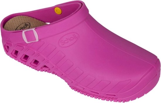 Fuchsia Scholl Clog Evo klomp met verstelbare band en open zijkanten.