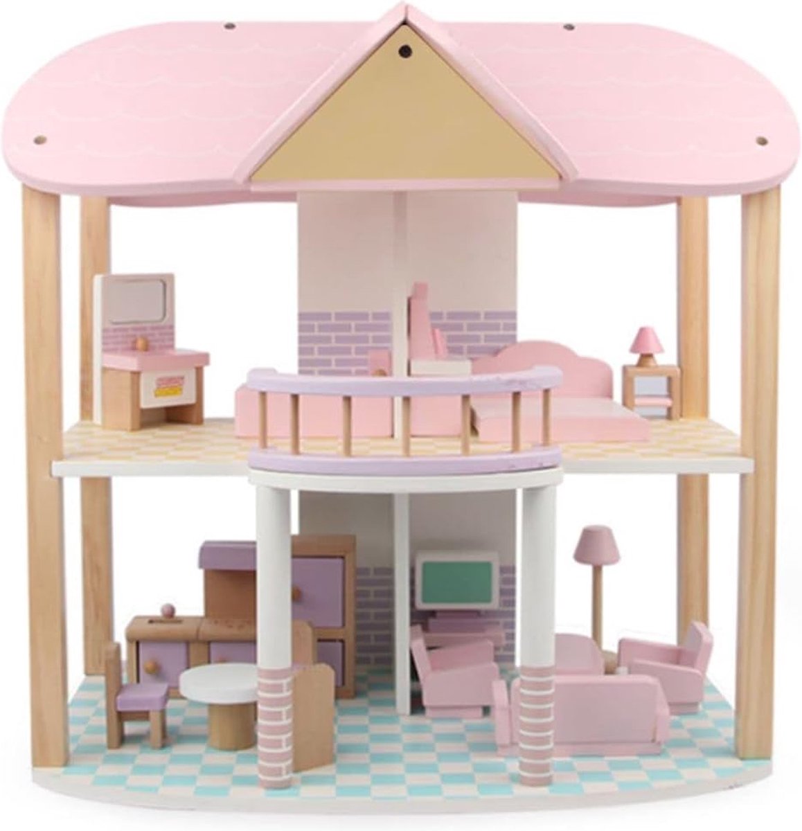 Coemo Poppenhuis Sandy – Betoverend 2-verdiepingen Puppenhaus met 23 meubelstukken, kleurrijke kamers en duurzame houten poppenhuis voor eindeloos speelplezier