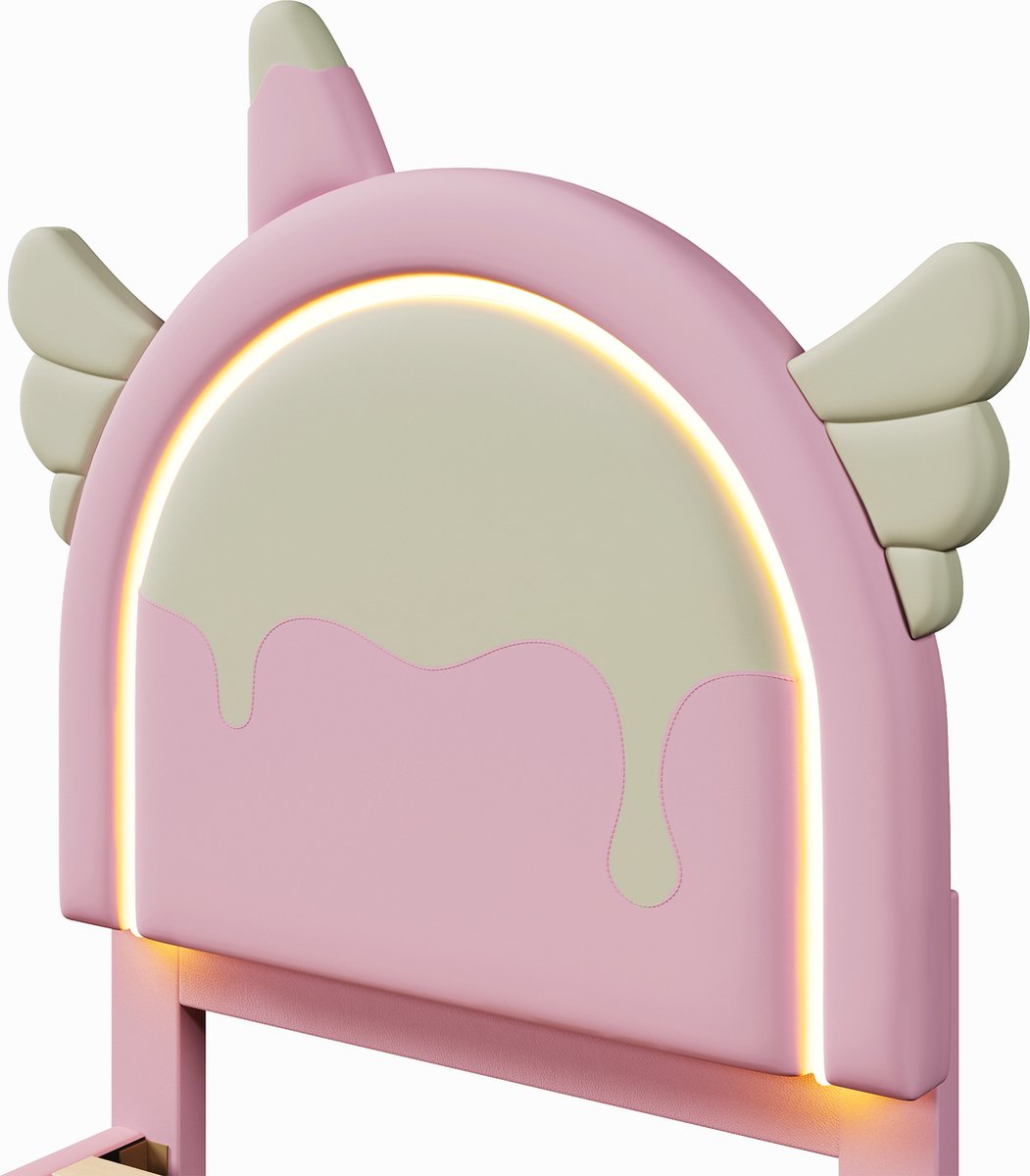 Gutent Kinderbed-90 x 200 cm-Zonder matras-met-licht-2 laden-Roze-Unicorn-look-PU — cadeau in Cadeau-ideeën - foto 2
