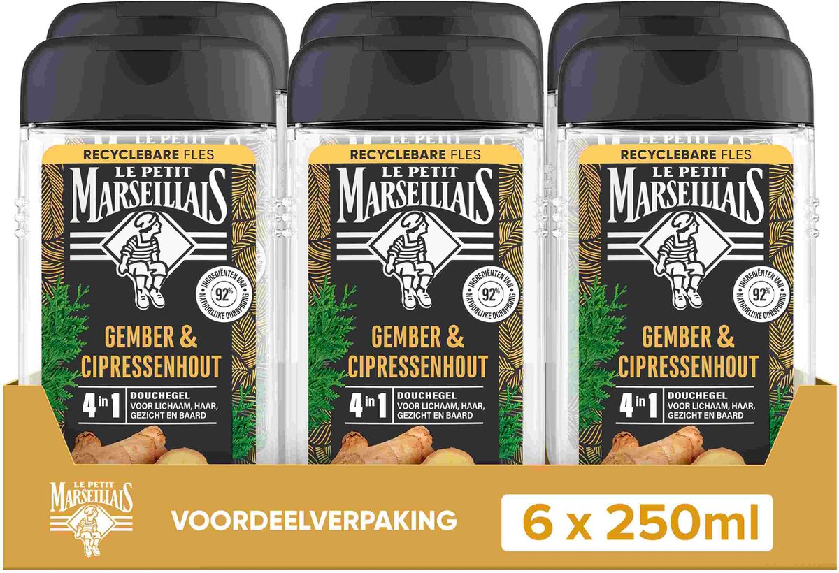 Le Petit Marseillais 4in1 douchegel voordeelverpakking - gember en cipressenhout - extra verfrissend effect - 6 x 250 ml