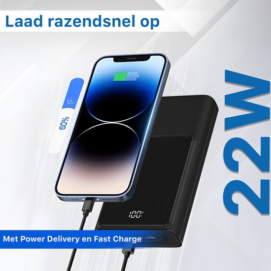 Batterie externe noire avec 22.5W PD et charge rapide charge le téléphone.