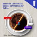 Vergelijking van koffie: 'voor' en 'na' met een waterfilter, naast een kop koffie. Tekst: 'Geen kalkaanslag'.