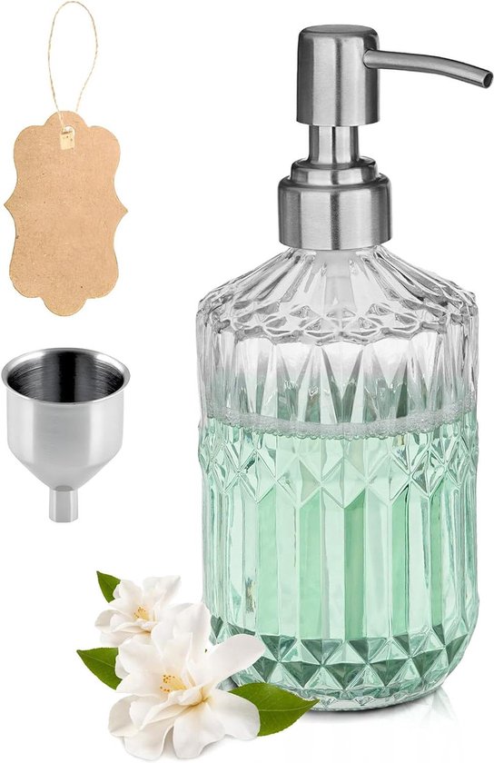 2 glazen zeepdispensers groen, 330 ml/11 oz, vloeibare zeepdispenser met kunststof pompkop, navulbare handzeepdispenser voor keuken en badkamer, schuimzeepdispenser, vaatwasmiddeldispenser