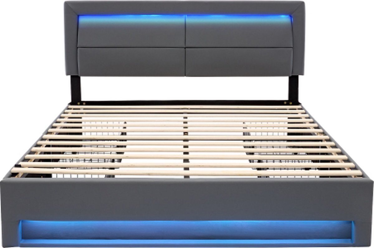 Gotagee Gestoffeerd bed 140x190cm (zonder matras) met USB poort LED verlichting en 4 lades (draadloos en bekabeld) litchi PU grijs