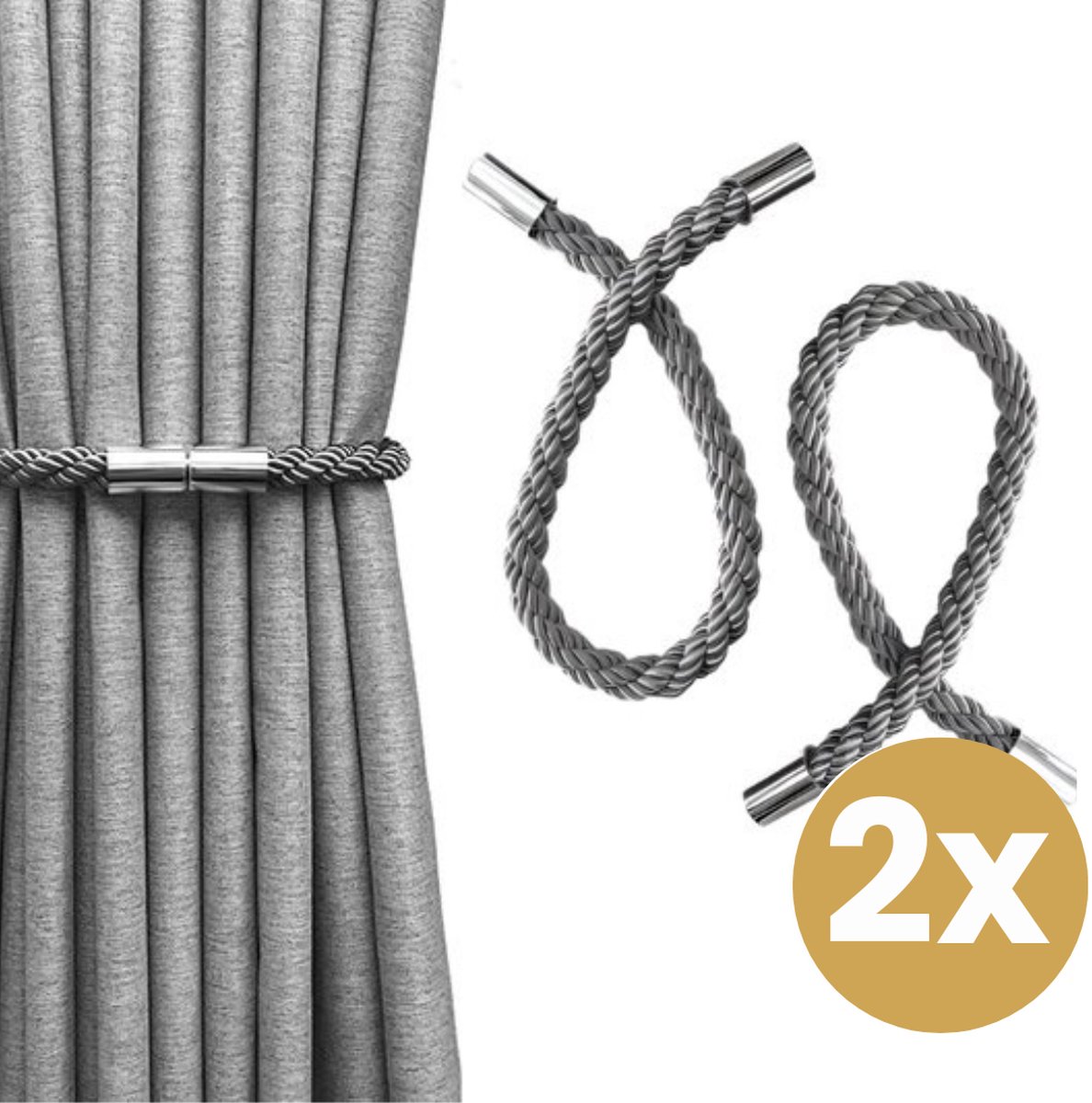 Home2go Gordijn Embrasse - Magneet Embrasse - raamdecoratieaccessoires - Gordijnhouder - Gordijn hanger - Gordijn Accessoires - Magnetisch Gordijnkoord - Grijs 50 cm - 2 Stuks