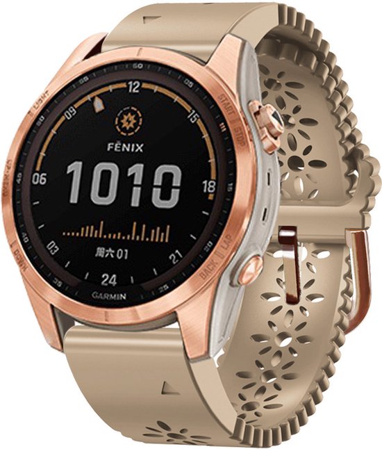 FFO2World QuickFit 20mm Siliconen Horlogebandje met Elegant Uitgehold Bloemenpatroon - Khaki - Compatibel met Garmin Fenix8 43MM/7S/7S Pro/7S Solar/7S Sapphire Solar/6S/6S Pro/5S/5S Plus/Instinct 2S/Descent MK3 43MM/Descent MK3i 43MM/Epix Pro 42MM