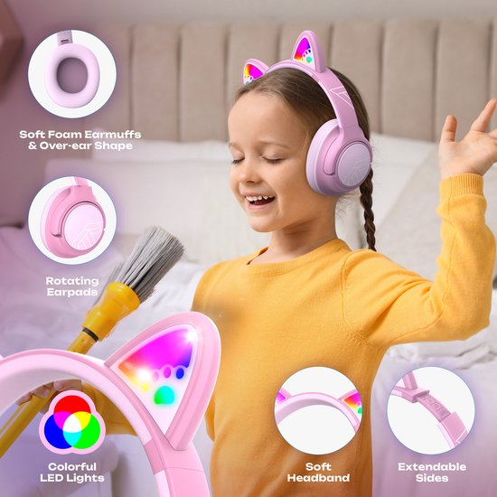PowerLocus Bobo - Draadloze Koptelefoon voor Kinderen - Bluetooth koptelefoon - 74/85/94dB Volumebegrenzing - Katten Oortjes - Led Verlichting - Roze