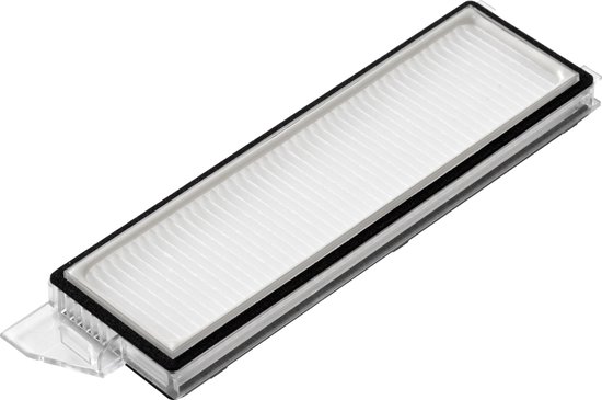 Rechthoekig wit filter met zwarte rand, met transparante plastic clip aan de zijkant.