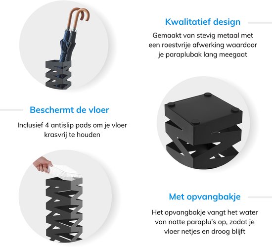 Zwarte metalen paraplubak met zigzag patroon. Toont paraplu's, bescherming van de vloer en een opvangbakje.