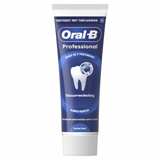 Oral-B Professional tandpasta, glazuurversterkend, zachte munt. Klinisch bewezen. Blauwe tube met witte dop en tand-icoon.
