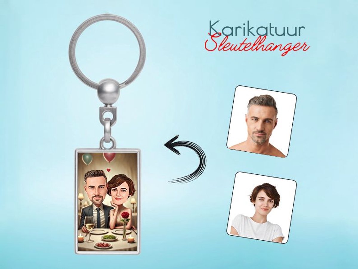 Intiem Diner in een Gezellige Restaurantsfeer - Gepersonaliseerde Karikatuur Sleutelhanger - Gepersonaliseerd Cadeau - Met Jouw Foto - Verjaardag - Kerst - Valentijn - Uniek en Handgemaakt - Cadeau - Huwelijk - Moederdag - Vaderdag - Jubileum -