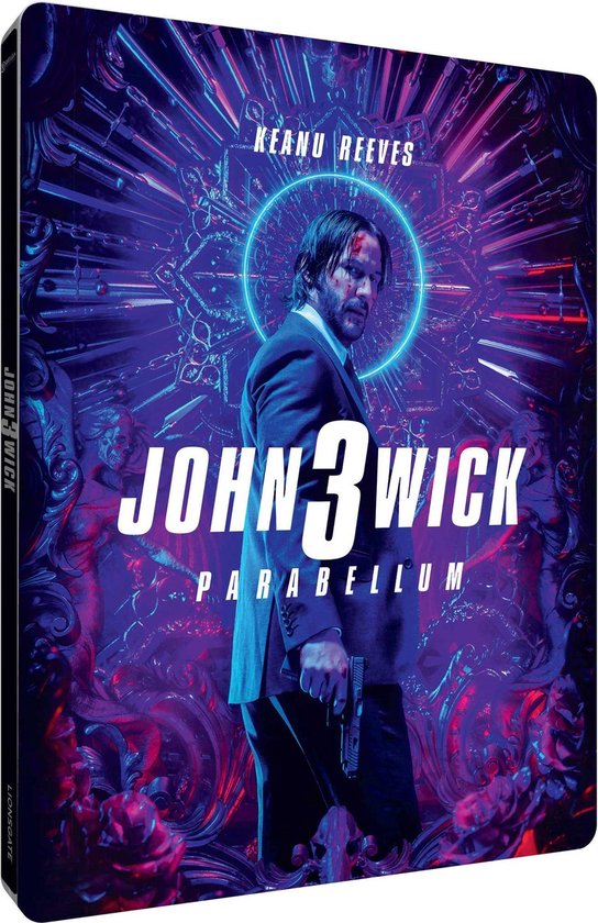 Steelbook van John Wick 3 met Keanu Reeves, pistool, neonblauwe cirkel en paarse patronen. "JOHN WICK".