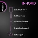 Inhoud van de SYOSS wenkbrauwverf kit: instructieblad, kleurcrème, ontwikkellotion, applicatieborstel en mengbakje.