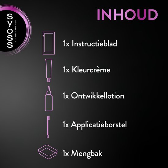 Inhoud van de SYOSS wenkbrauwverf kit: instructieblad, kleurcrème, ontwikkellotion, applicatieborstel en mengbakje.