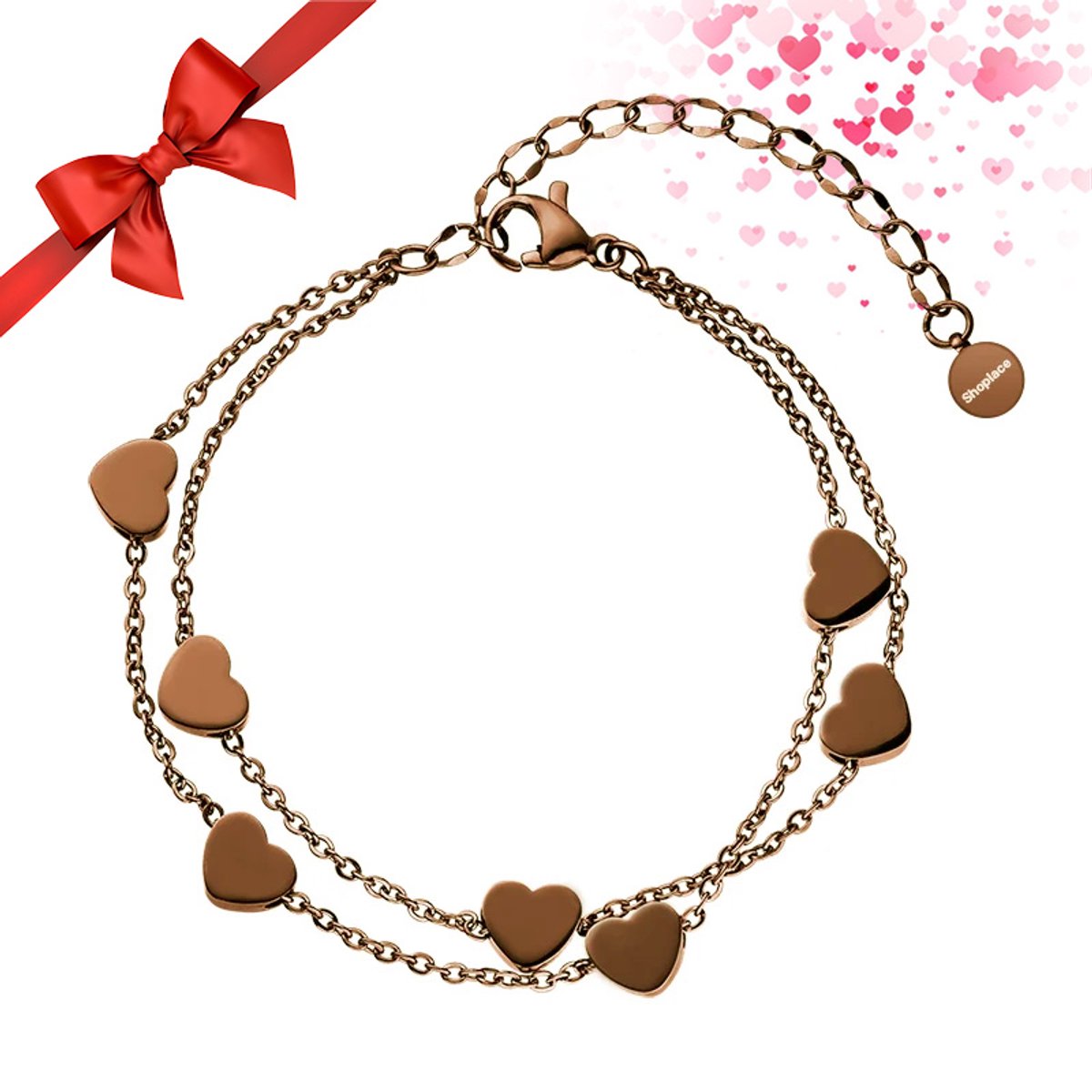 Shoplace Hartjes armband dames - Schakelarmband - Love - Cadeau voor vrouw - 15 t/m 20cm - Coffee