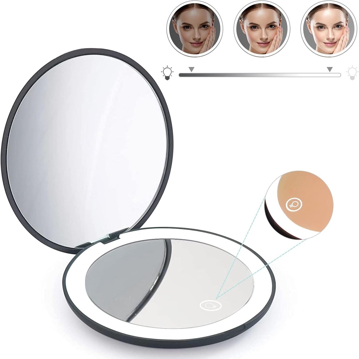 Verlichte compacte make-up spiegel – 10x vergroting – LED-verlichting – dimfunctie – zwart