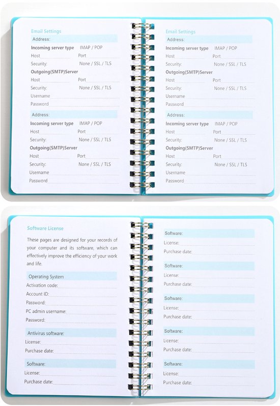 Dubbele pagina's van een blauw boekje met secties voor e-mailinstellingen en softwarelicenties.