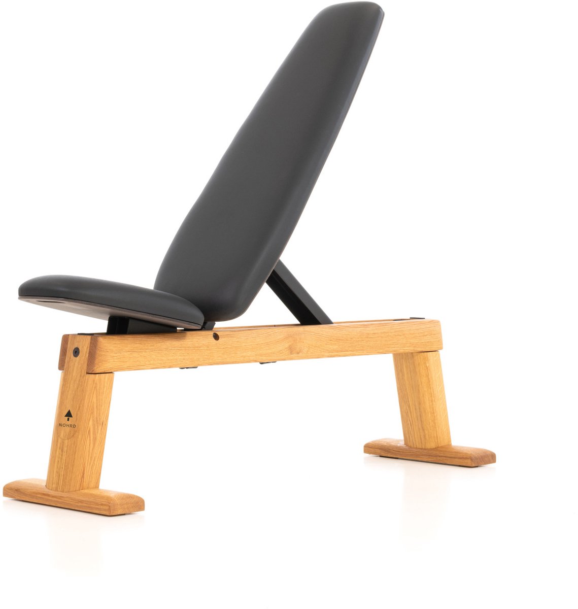 NOHRD WeightBench Halterbank Walnoot, Zwart leer – Verstelbare Fitnessbank van Massief Hout – Luxe Design – Stevig & Duurzaam – Geschikt voor Halteroefeningen