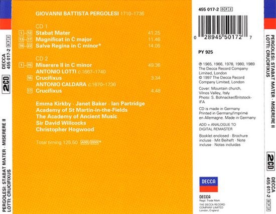 Gouden CD-hoes met tekst voor Pergolesi, Stabat Mater, Miserere II. Met vermelding van tracktitels en uitvoerders.