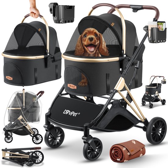 Foto: Lovpet hondenbuggy 3 in 1 opvouwbare hondenwagen zwart champagne 32kg