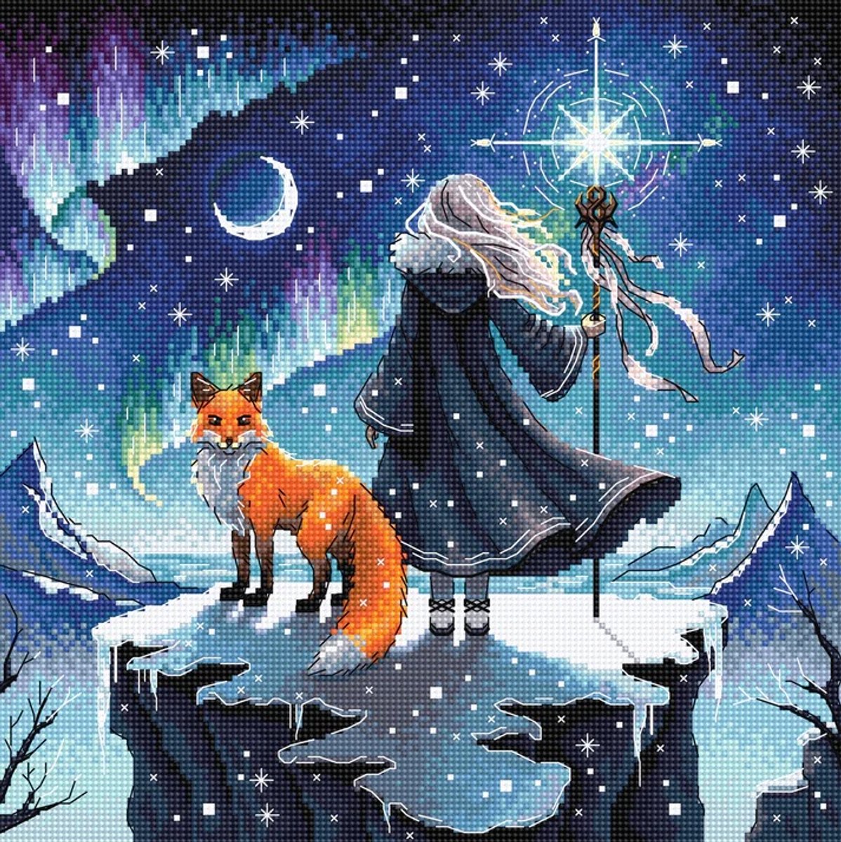 Borduurpakket Ava Stitch - Sorceress of the Auroras and her Fox - Tovenares van de Aurora's en haar Vos