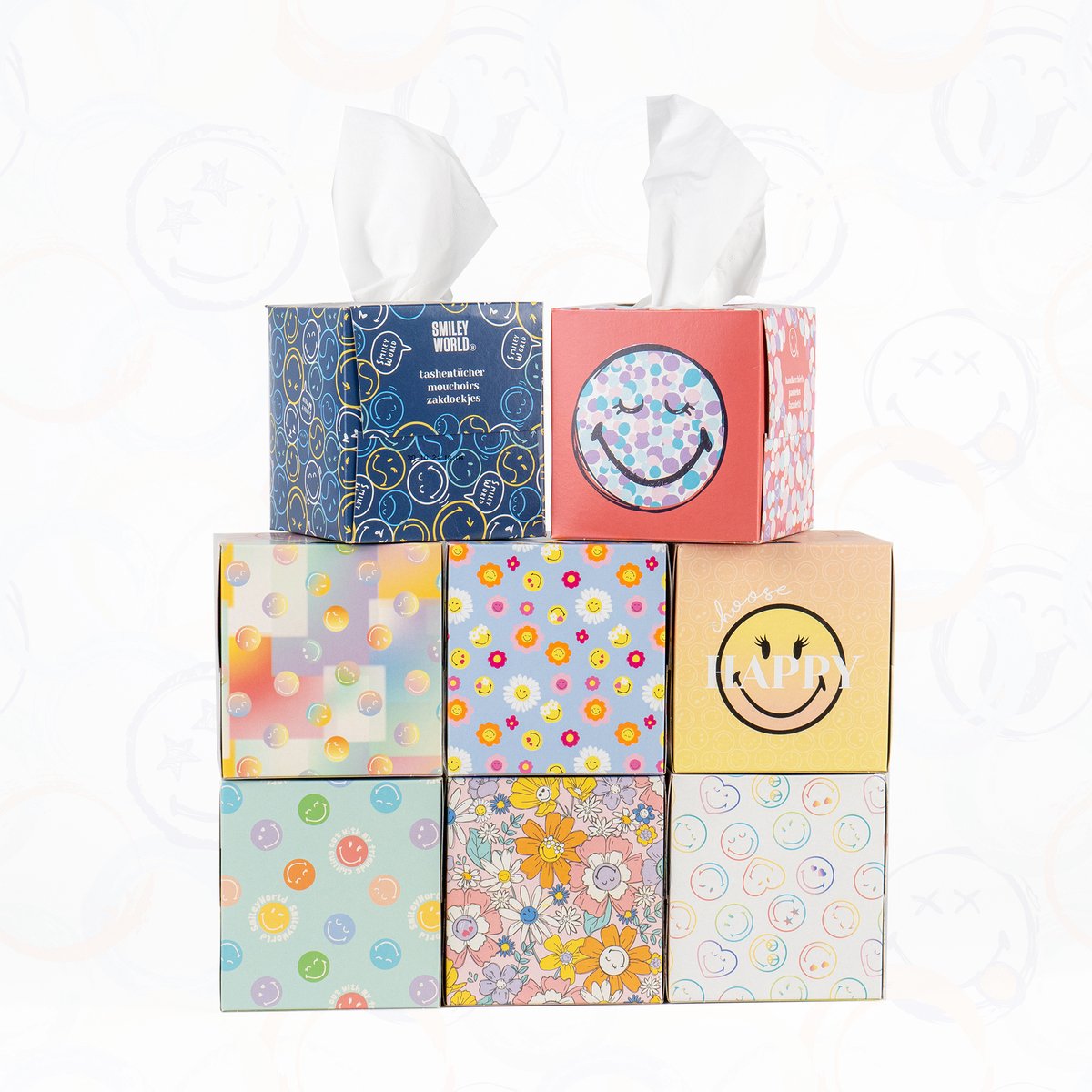 SmileyWorld® Ultra Zachte Zakdoeken - Kubusontwerp - 48 vellen per doos - 8 Unieke Ontwerpen - 12 dozen