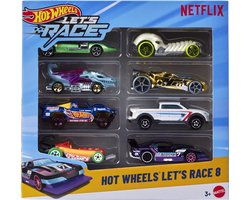 Hot Wheels Let's Race 8-pack, set van 8 speelgoedauto's op schaal 1:64 uit de Netflix serie (stijlen kunnen variëren)
