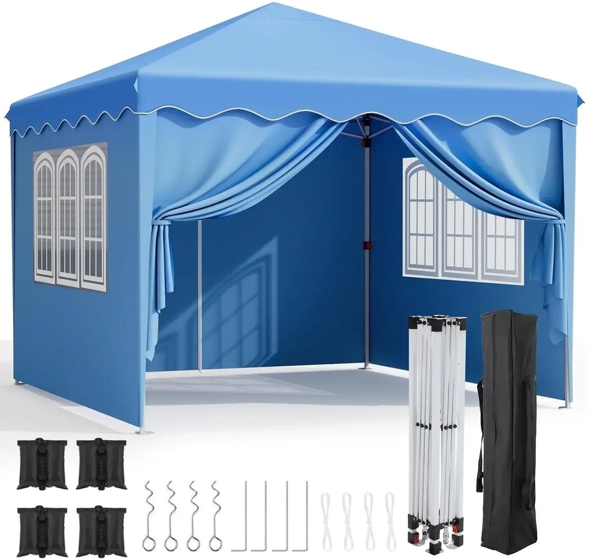 Partytent Opvouwbaar - Tuinpaviljoen - Easy Up Partytent - 3x3m - Pop Up Canopy - Zijwanden – Outdoor Winter Gazebo – Verstelbare - Hoogte Poten – Ramen - Draagtas - UV - Bescherming - Blauw