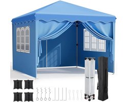 Partytent Opvouwbaar - Tuinpaviljoen - Easy Up Partytent - 3x3m - Pop Up Canopy - Zijwanden – Outdoor Winter Gazebo – Verstelbare - Hoogte Poten – Ramen - Draagtas - UV - Bescherming - Blauw