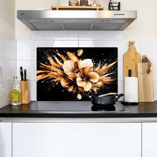 KitchenYeah® Protection plaque induction 76x51.5 cm - Bloemen - Goud - Graffiti - Zwart - Protege plaque de cuisson - Couvre plaque induction - Protecteur d'induction - Cuisine